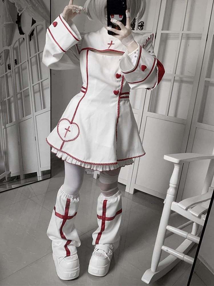 Maid Set: Halloween-themed Embroidery Buttons Cross Heart White Red Dress with + Kawaii Shorts Yami