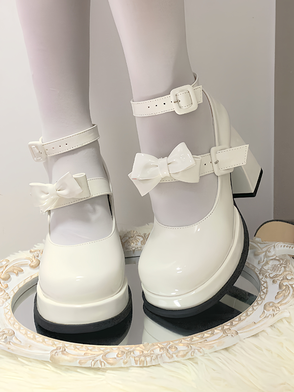 White Detachable Bow Platform High Block Heels Lolita Shoes