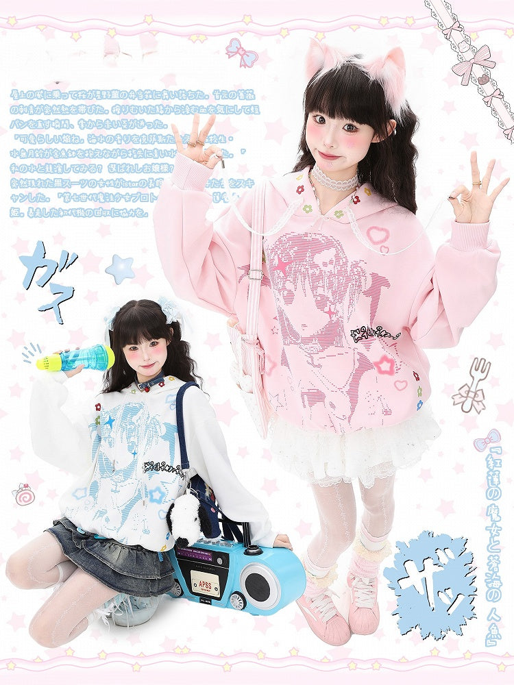 Hoodie White/Pink Lace and Girl Cartoon Winged Print Drawstrings with
