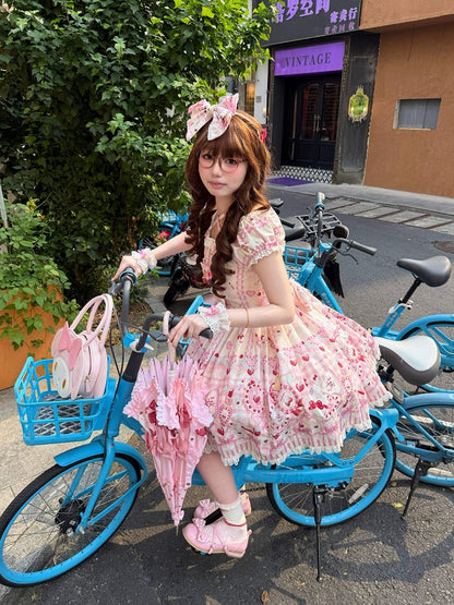 Cat Print Cream Sweet Lolita OP Dress with Removable Crisscross Halter Straps - Pastry Chef