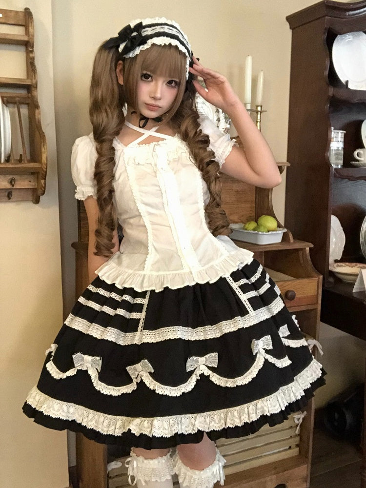 Black & White Bow Lace-Trimmed Skirt - Hana Studio