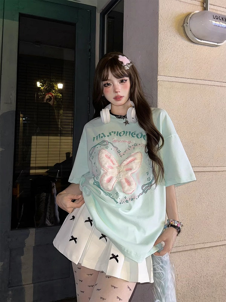 and Lettering Print Butterfly Green T-Shirt with Soft-Textured Oversized Mint Embroidery