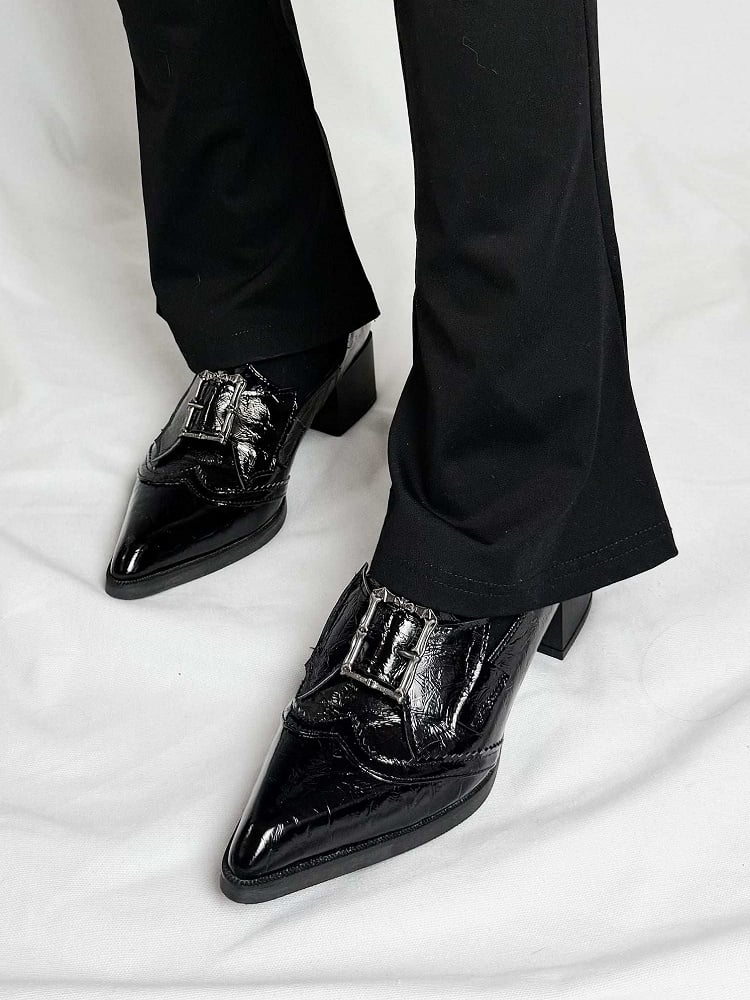 Pointed-toe Bat with Gothic PU Shoes Bow Black Buckle Accents Heeled Wing 5cm