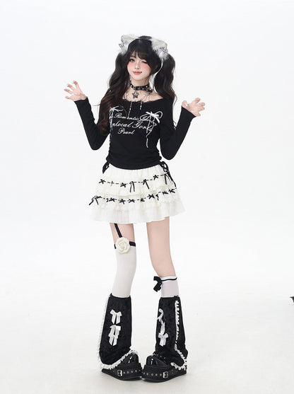 リボンプリントレースのスイートトップトリム、ドローストリングウエスト、ホワイト/ブラック