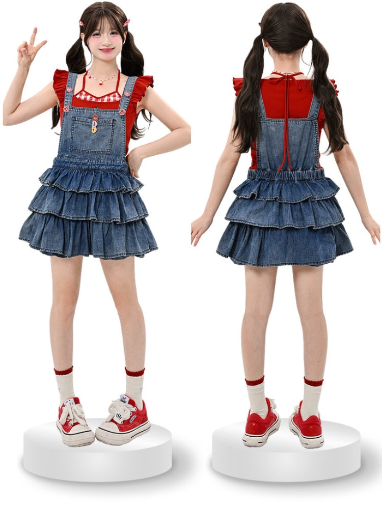 Overalls gefüttert blau gestuft Rüschen Distressed Denim Design