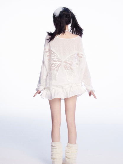 Butterfly-shaped Cutout White Asymmetrical Neckline Semi-sheer Coverup