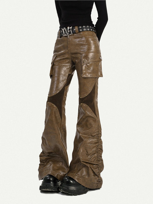 Black/Brown Punk PU Leather Trousers with Pleated Design