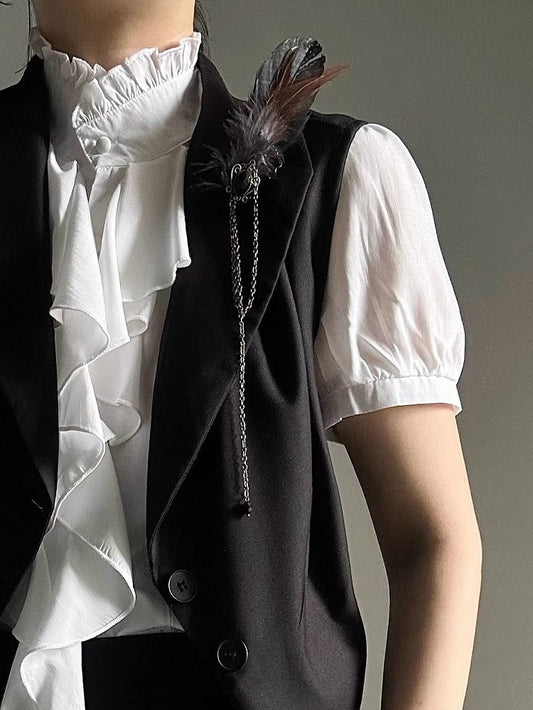 with Brooch Feather Accents Black Rhinestone Charm Chain