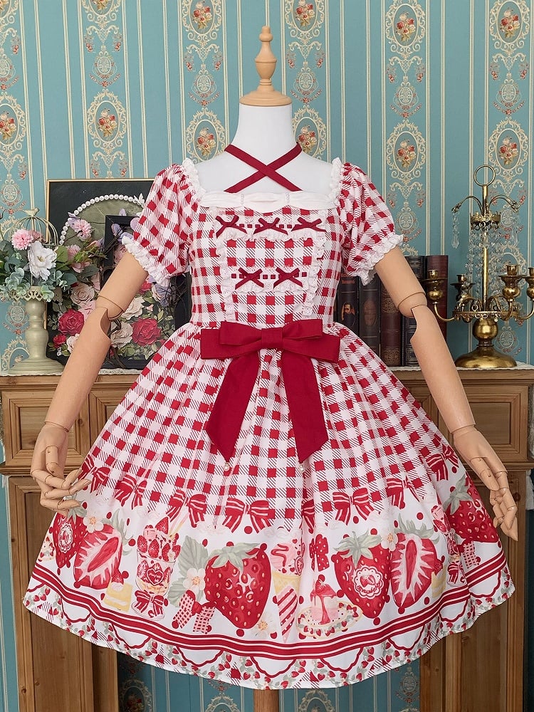 Dress Red Size Bow Gingham Lolita and Print Plus Strawberry