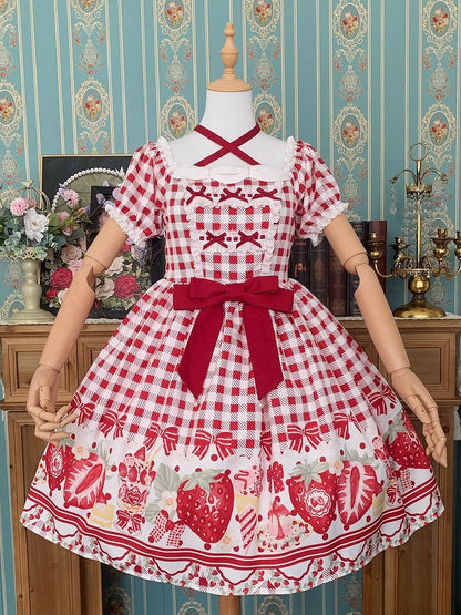 Dress Red Size Bow Gingham Lolita and Print Plus Strawberry