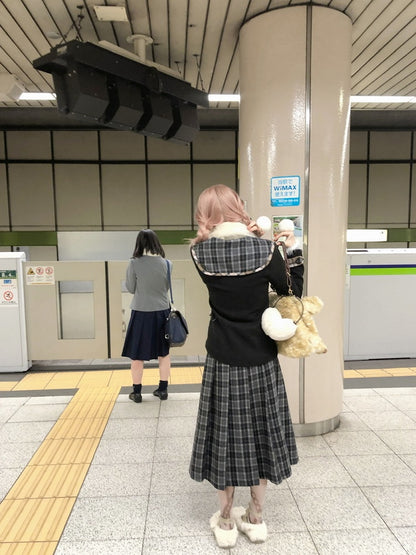 Accents BlackGray/BrownYellow Plaid Patch Plush Thigh-High and Wool Slit Skirt with Midi