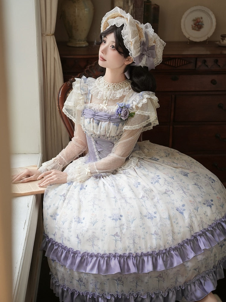 Voller Lolita-Druck, Iris, Blumenmuster, Miederkleid mit Knochen, Korsett, klassisch, Lila, JSK