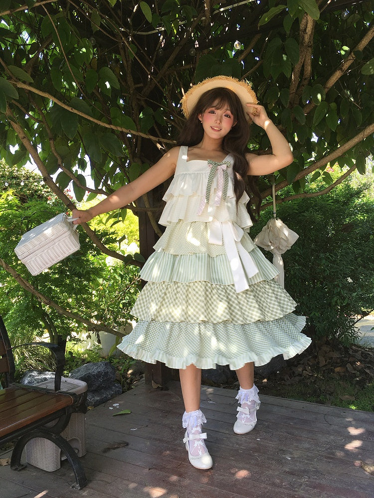 Rüschen gestuft mit Mori Kei Grün Patchwork Ärmelloses Kleid