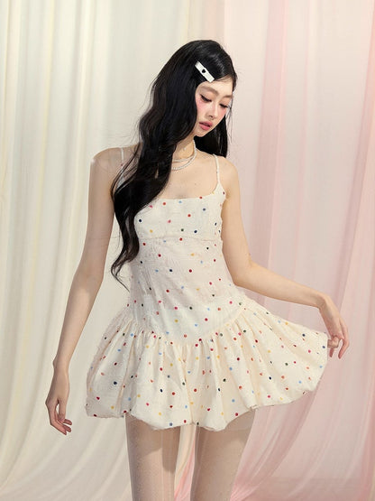 Bow Bubble Polka-Dot Pattern Cami Dress Mini Back Apricot Self-tie Skirt
