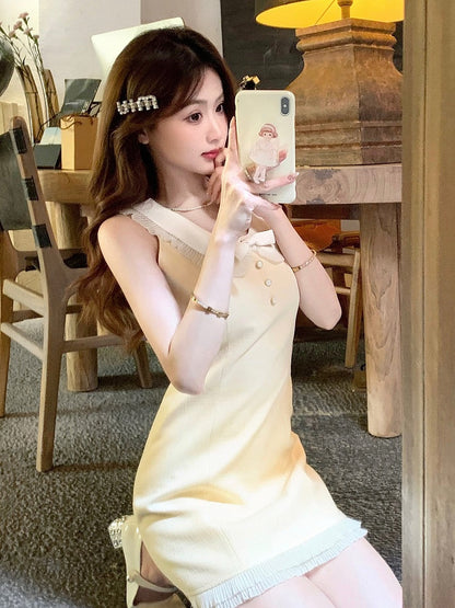 Milk Yellow Dress Bow Ruffle Hem Decoration - Qchiwawameme