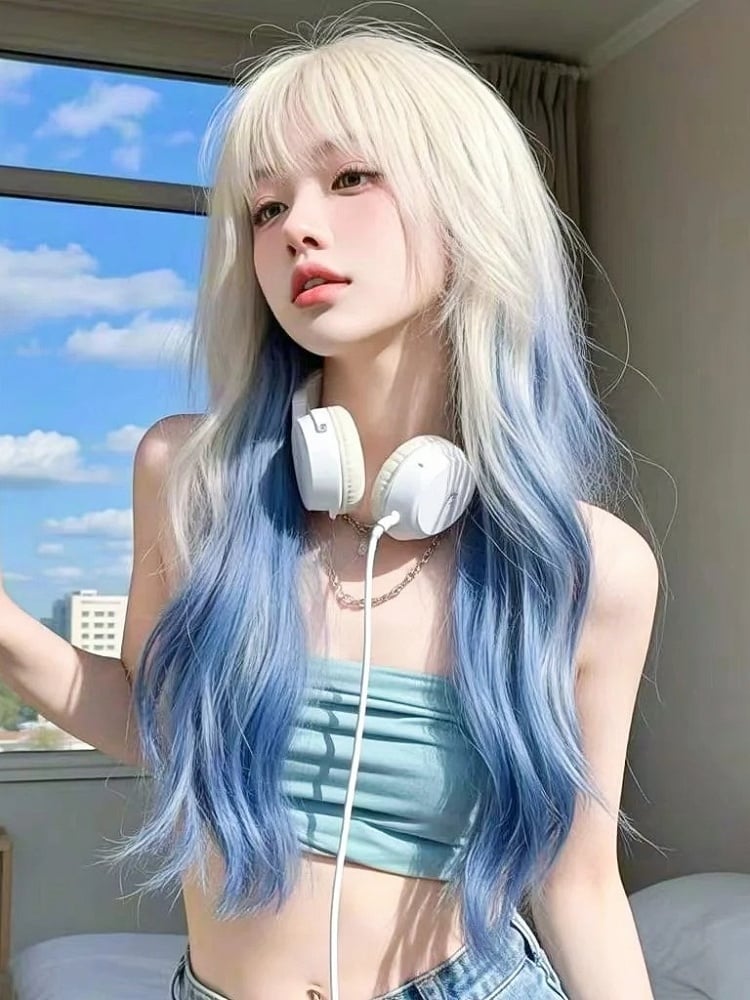 Platinum and Blonde with Ombre Blue Bangs Air Wig Wavy