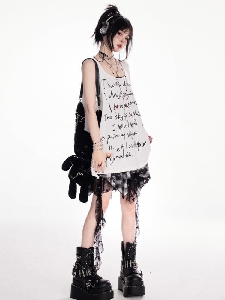 Y2K 黒と白のチェック柄ハンカチ裾カスケードフリルメッシュ