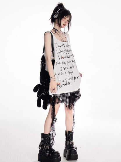 Y2K 黒と白のチェック柄ハンカチ裾カスケードフリルメッシュ