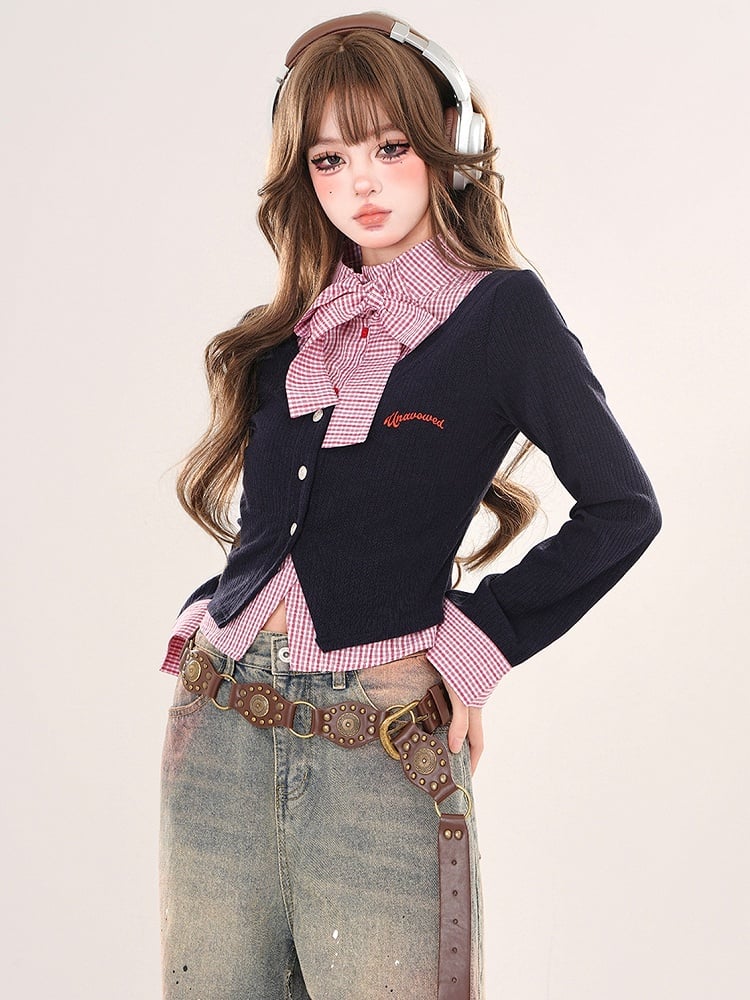 Grey/Navy Blue Plaid Patchwork Faux Two-piece Cardigan