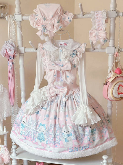 Sweet Winter Lolita Snowy Teddy Print Light Pink Dress JSK Full Set