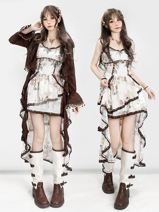 Bell Skirt Cami White Holiday Sleeves Brown With High-low Dress Floral Cardigan