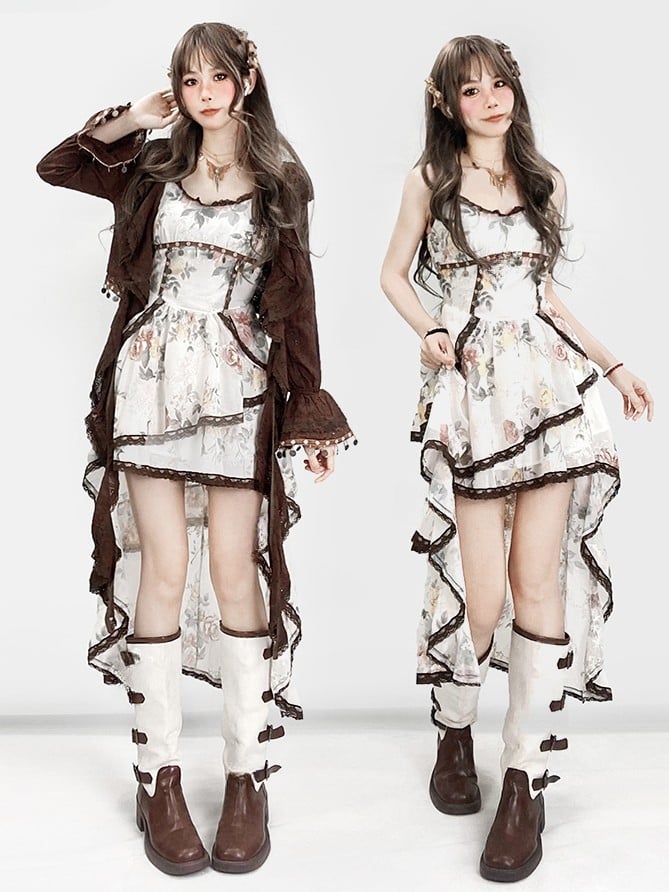 High-Low-Braun Ärmel Cami Cardigan Bell Weiß Rock Mit Kleid Urlaub Floral