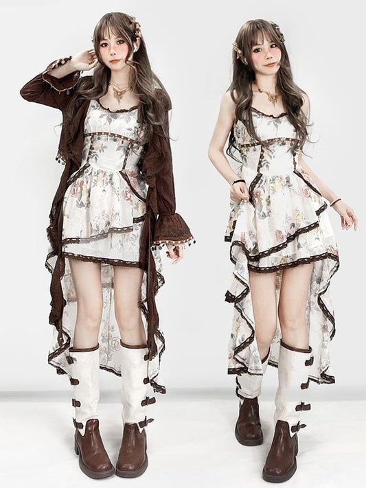High-low Brown Sleeves Cami Cardigan Bell White Skirt With Dress Holiday Floral