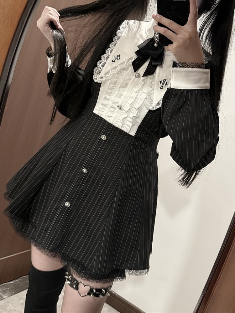 Kei Black Set: Jirai Striped Dress with Cross 3-Piece Embroidered Pointed Collar