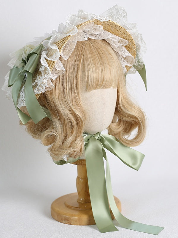 Straw Bowknot Bonnet Lolita Ribbon Colors 7 Lace Country