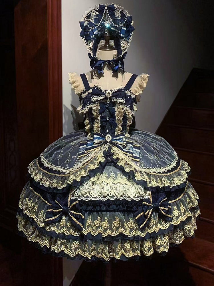 Neckline Chain Gorgeous Lolita Bow Dark Bead Princess Dress Blue