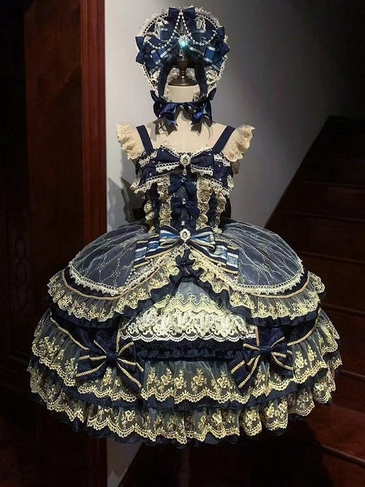 Neckline Chain Gorgeous Lolita Bow Dark Bead Princess Dress Blue