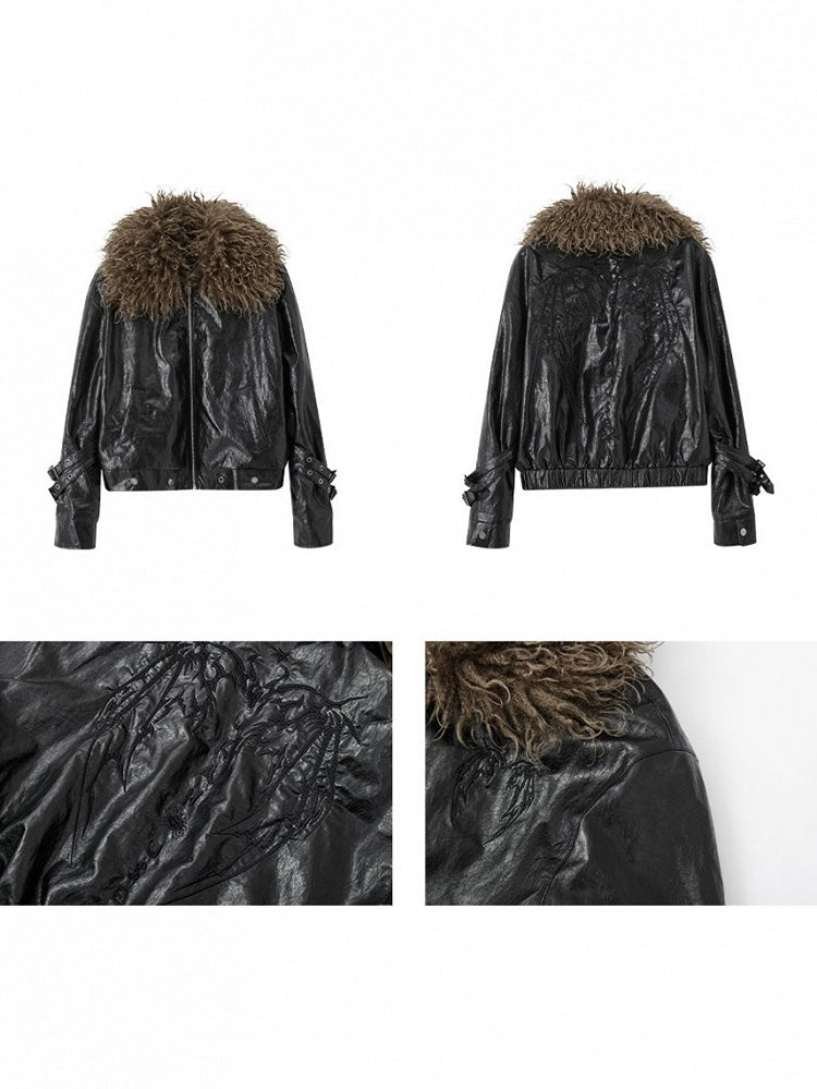Glossy with Black Embroidery Faux Jacket Detachable Fur Padded Punk Eyelet Hem Metal Wing Collar