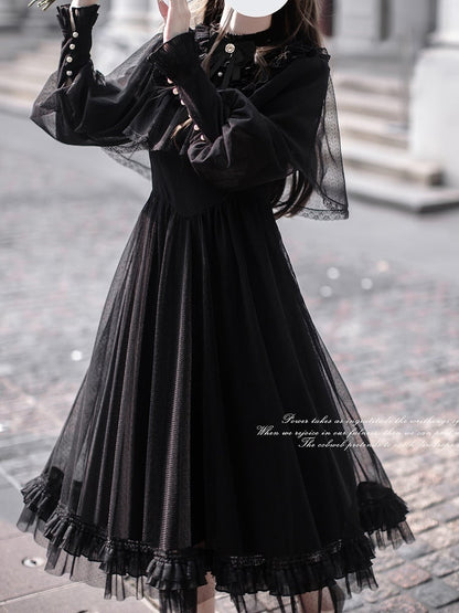 Dot All-Black Dress Cape Kuro Lolita with Dark Elegant Design Tulle