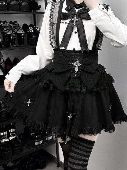Skirt Tulle Black Bow Jirai Kei Removable Cross Lace Straps Design