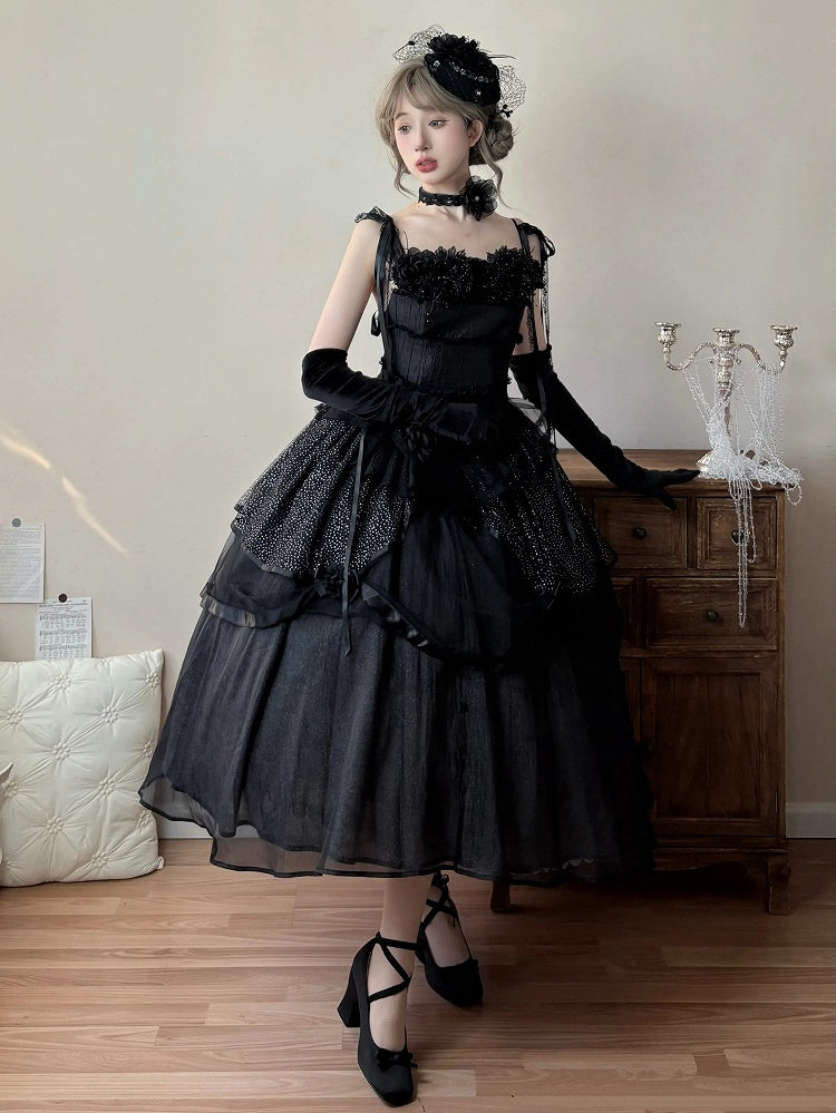 Schwarzes Spaghetti Lolita Kleid mit geschichteten Trägern, elegant, schimmernd