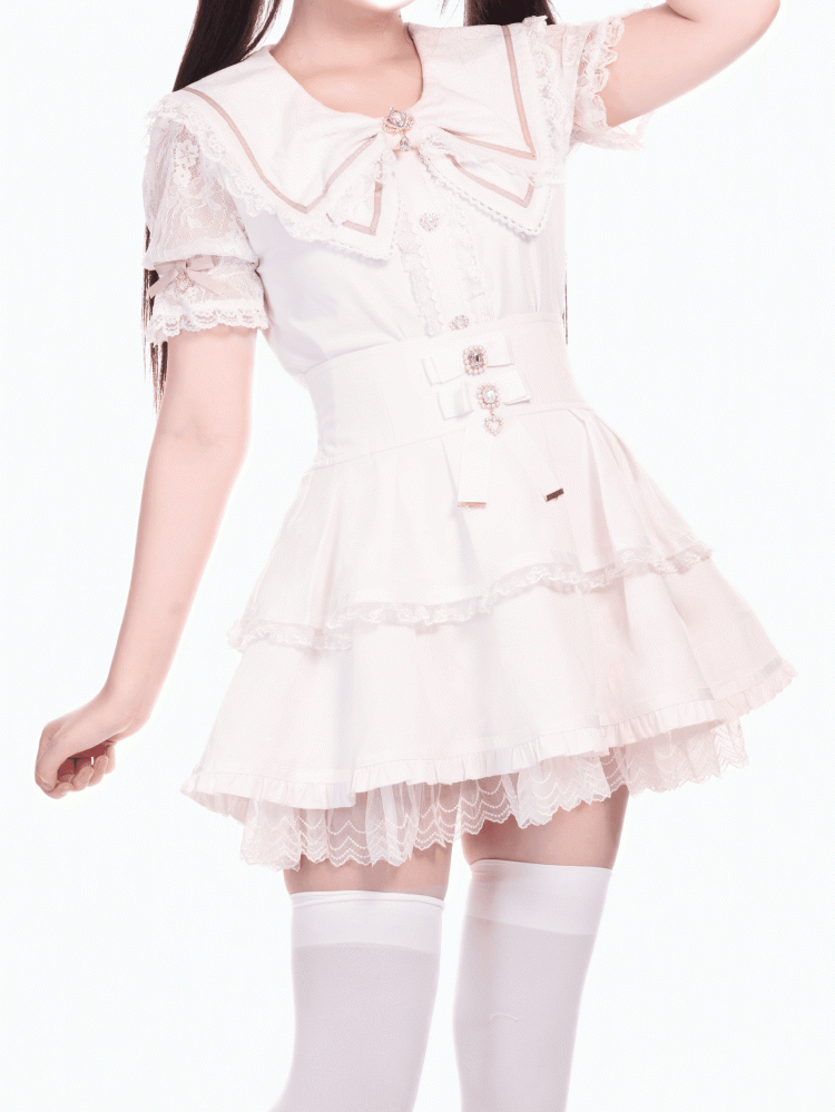High Kei Design Bows Jirai Waist White Tiered Skirt with