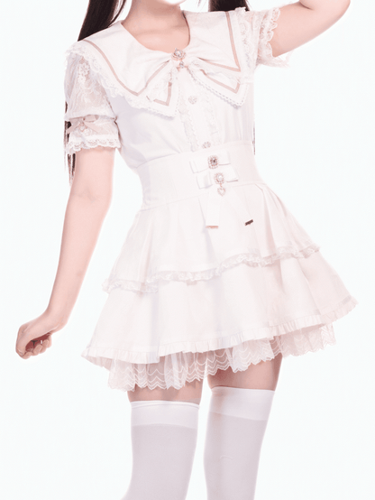 High Kei Design Bows Jirai Waist White Tiered Skirt with