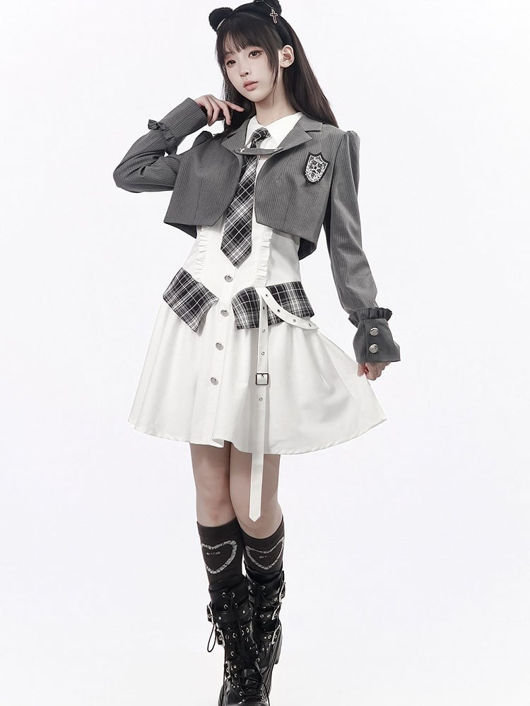 Ruffle Accent White Long Sleeve Preppy Dress with Plaid Tie & Shirt Collar - PINK SAVIOR