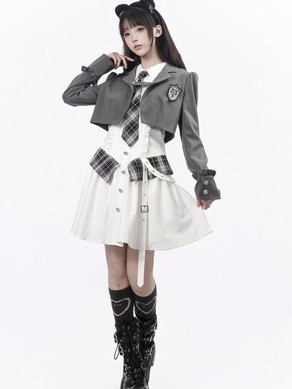 Ruffle Accent White Long Sleeve Preppy Dress with Plaid Tie & Shirt Collar - PINK SAVIOR