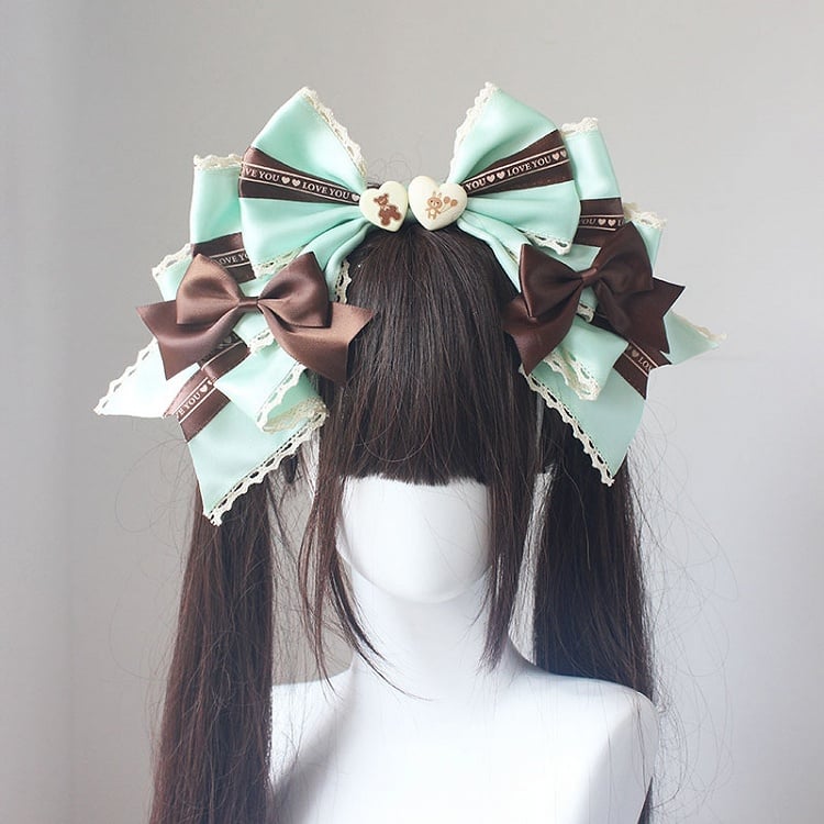 Decorated GreenBrown Print And Details Lace Bunny Heart KC Bear Trim Bowknot