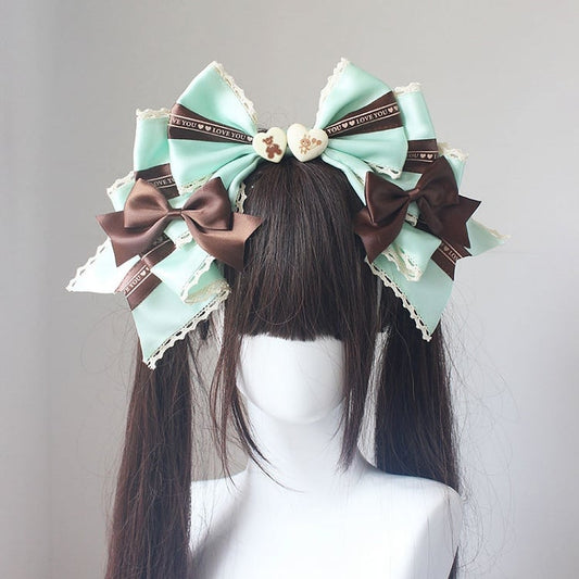 Decorated GreenBrown Print And Details Lace Bunny Heart KC Bear Trim Bowknot