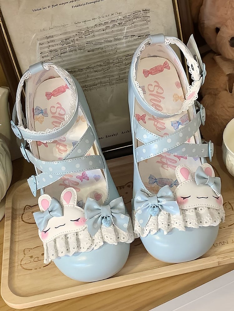 Sweet Design Crisscross Polka-dot Shoes Lolita Bunny Lace Applique Trim Pattern Details Bowknot Blue