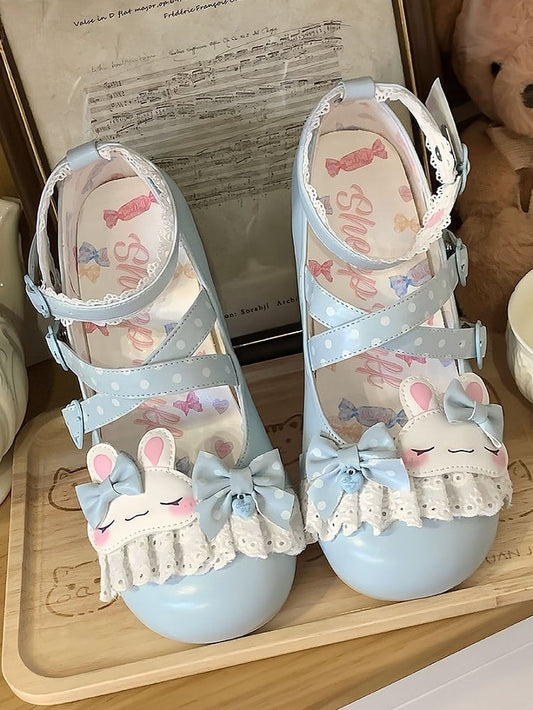 Sweet Design Crisscross Polka-dot Shoes Lolita Bunny Lace Applique Trim Pattern Details Bowknot Blue