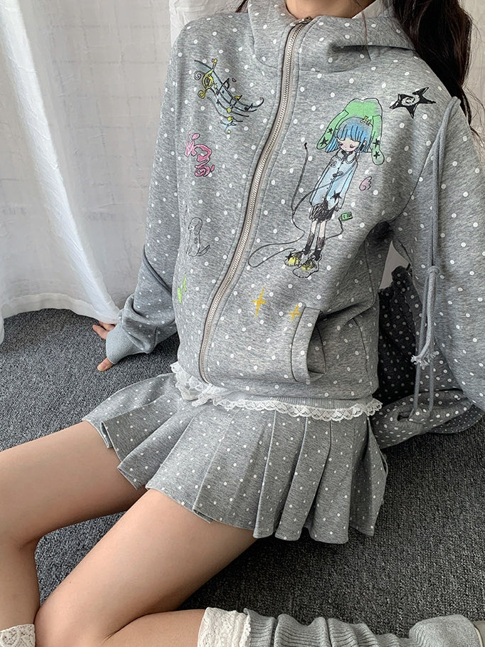 Jacket Polka-dot Pattern Hooded - Gray White