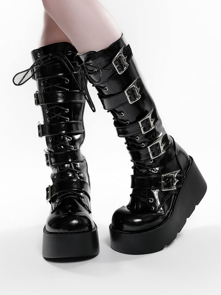 en PU noir hybride style plateforme de sécurité semelle punk système de démarrage à hauteur du genou