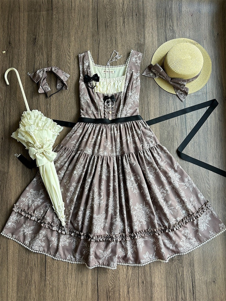 Brown & White Rosette Print Elegant Classic Lolita JSK Dress with Lace Trim