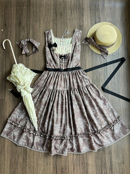 Brown & White Rosette Print Elegant Classic Lolita JSK Dress with Lace Trim