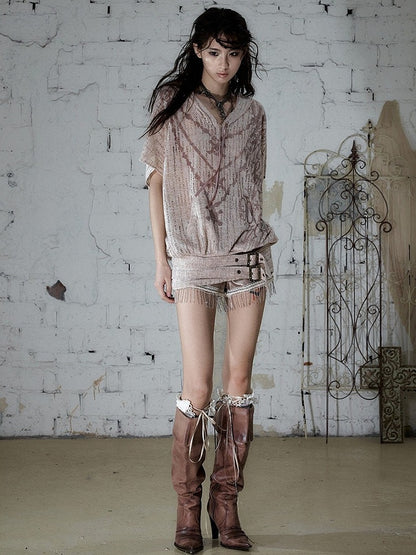 Dusty Pink Distressed Hooded Batwing Knit Top - NO ROMANCE