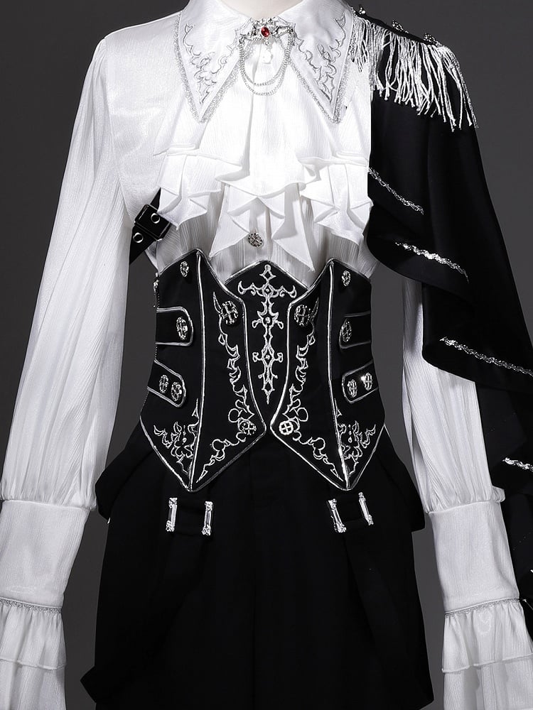 Belt+Black Corset Lolita Pants Pieces Three Prince Shirt+Embroidered Cape Set-One-Shoulder Ouji