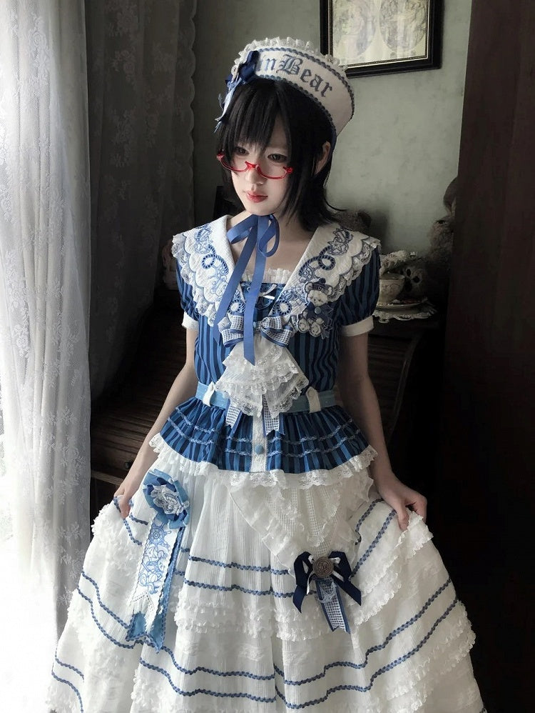 Blue Sailor Bear Embroidered Striped Top with Lace - Twin Bear Original Design
